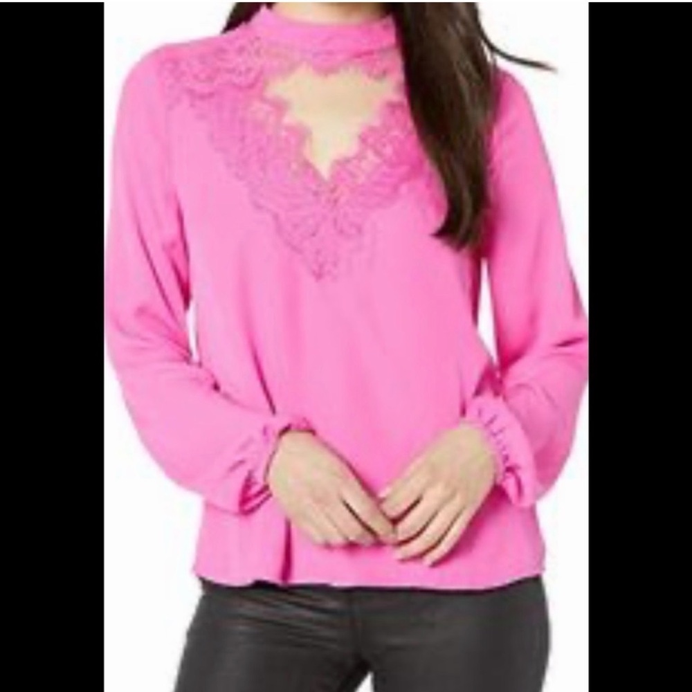 Wayf Bright Fuchsia Lace-Trim V-Neck Top